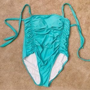 Ruched XL Mint Green One Piece Swimsuit with Tummy Control & Tie Straps